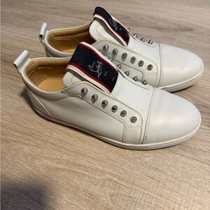 Christian Louboutin White Leather Spike-Trim Slip-On Sneakers